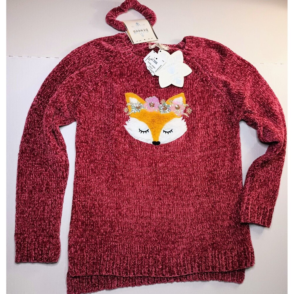 BTWEEN Girls Size 12 Burgundy Chenille Fox Sequin Crewneck Pullover  (P0035B6)